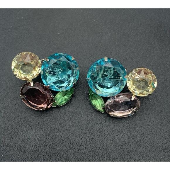 Vintage Stunning Chunky Faceted Glass Clip On Earrings Glow Under Black Light - Picture 2 of 5